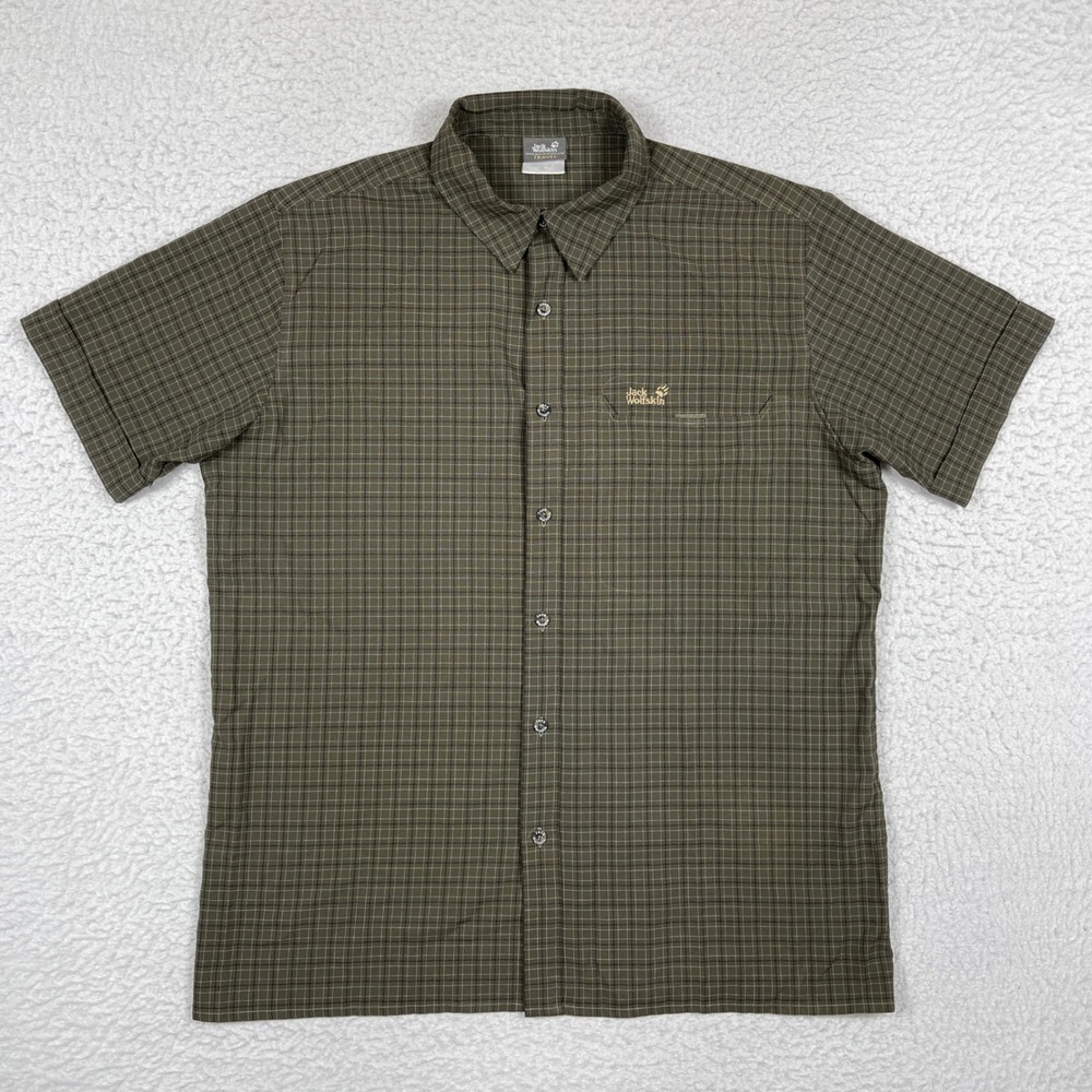 Jack Wolfskin Button Up Shirt Mens XL Olive Green Grid Short Sleeve Hiker Travel